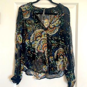 NWOT Anthropologie V-Neck Blouse in Black with Multi-Colored Pattern - Size S